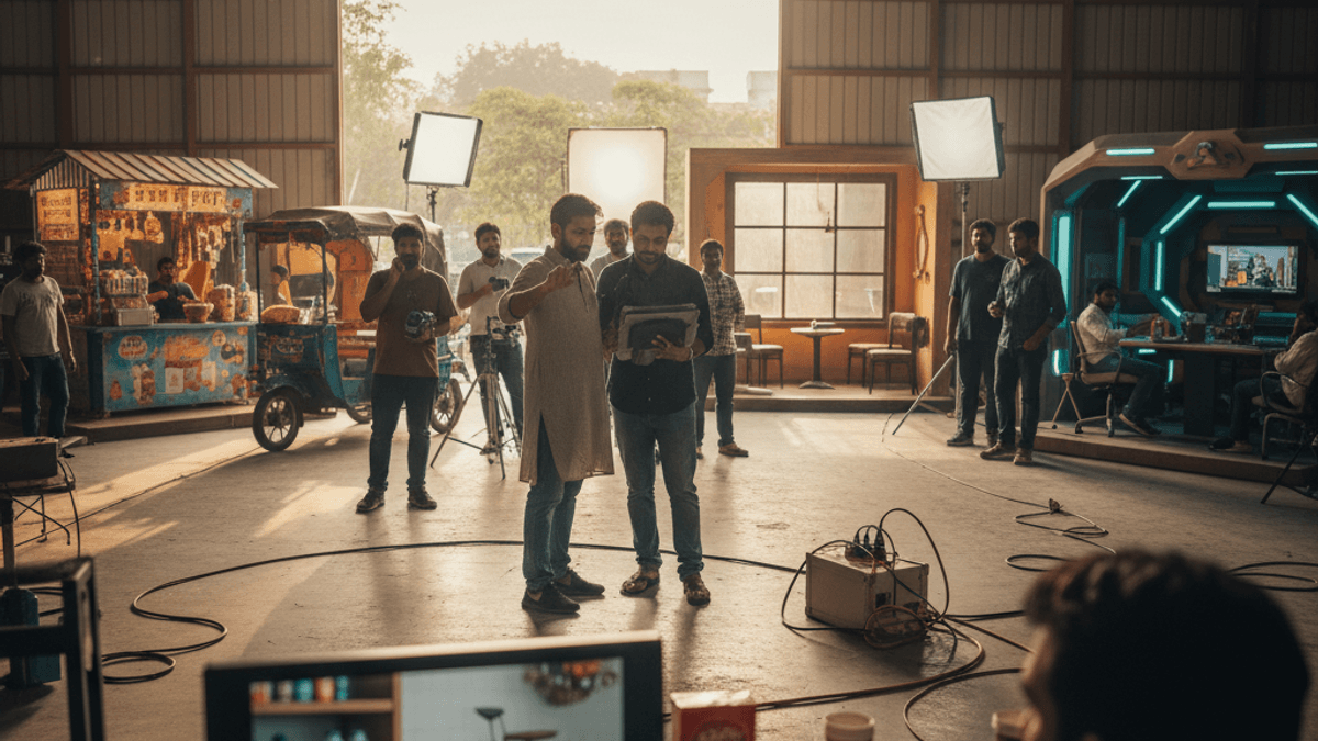 An Indian film crew, including actors and technicians, works on a set for a micro-drama production in a large studio.