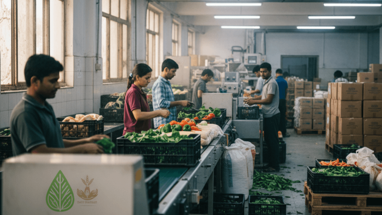 A wide shot inside a food processing plant where workers in casual clothes sort vegetables on a conveyor belt.