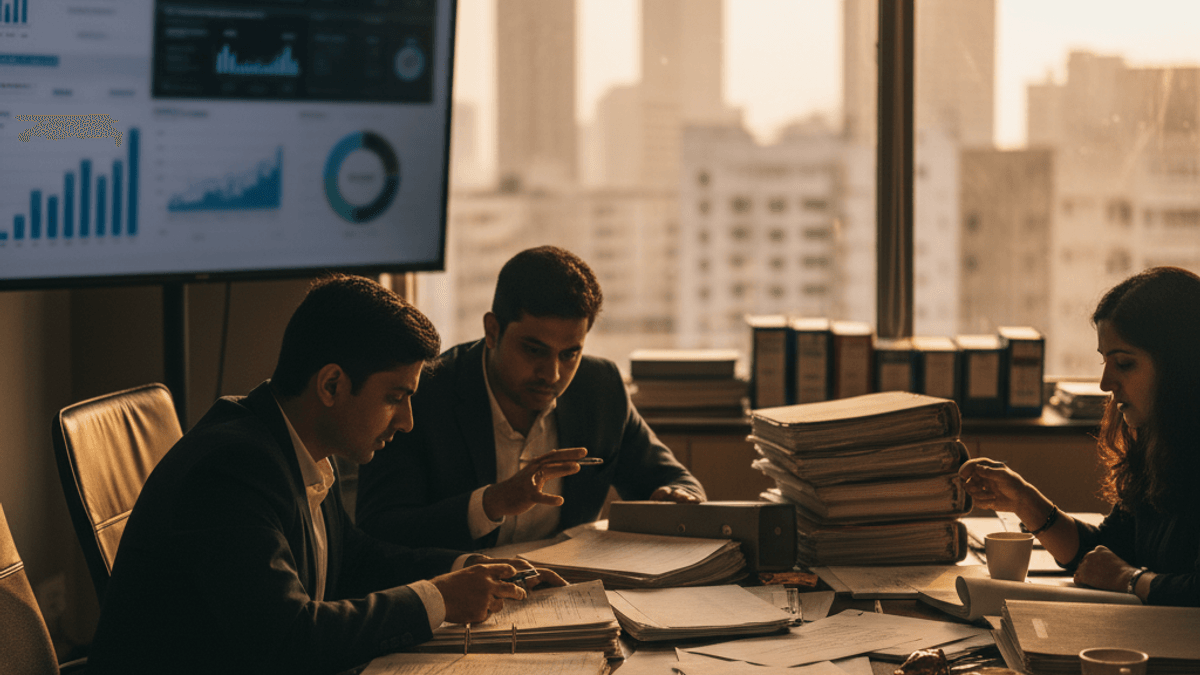 Three Indian legal professionals, two men and one woman, engrossed in reviewing stacks of documents at a large conference table.