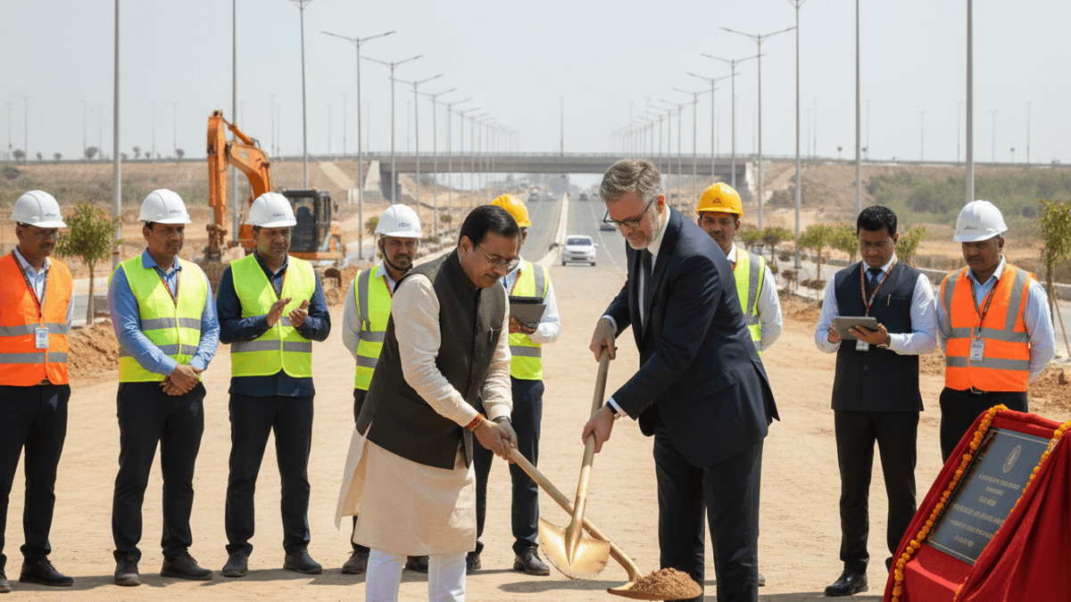 Two men, one in traditional Indian attire and one in a suit, shovel dirt at a groundbreaking ceremony on a new road.