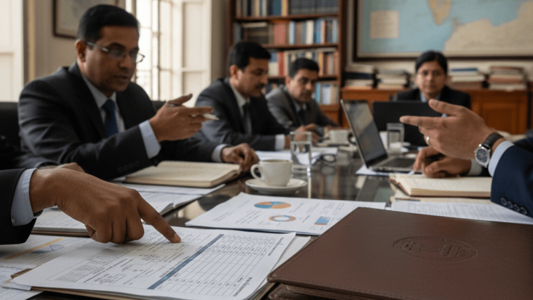 A group of Indian bankers in suits, seated around a large table, reviewing documents and actively discussing financial policies.