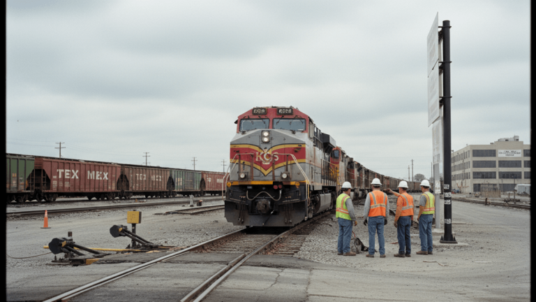 A KCS locomotive, red and gray, sits on tracks with several crew members in orange vests and hard hats standing nearby. Tex Mex railcars are visible on parallel tracks, and an industrial building is in the background under a cloudy sky.