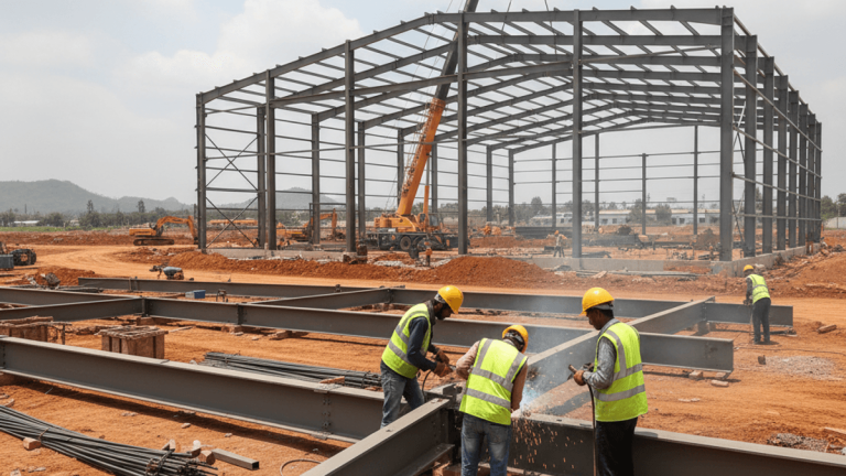 Construction workers in hard hats and vests weld steel beams at a large industrial building site under a sunny sky.