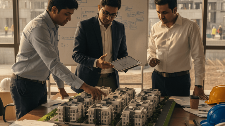 Three men in business attire examine a detailed model of a villa community on a desk, with construction visible outside.