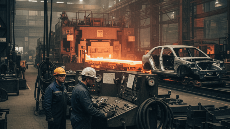 Two workers in hard hats and overalls operate controls in a dimly lit, large-scale steel mill with glowing hot metal and an unfinished car frame.
