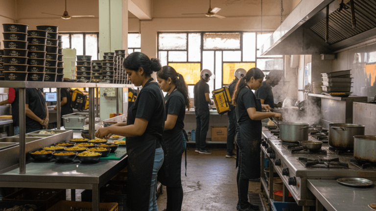 A bustling commercial kitchen with several staff members in black uniforms preparing food. Stacks of containers are visible.