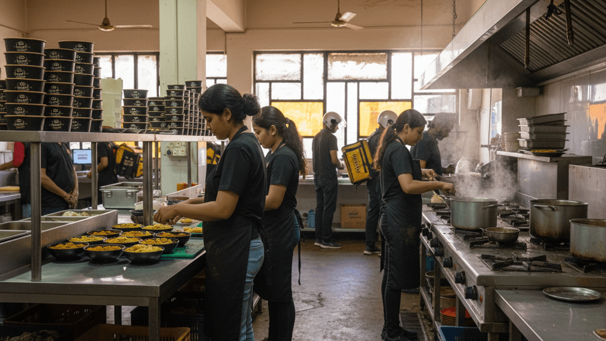 A bustling commercial kitchen with several staff members in black uniforms preparing food. Stacks of containers are visible.
