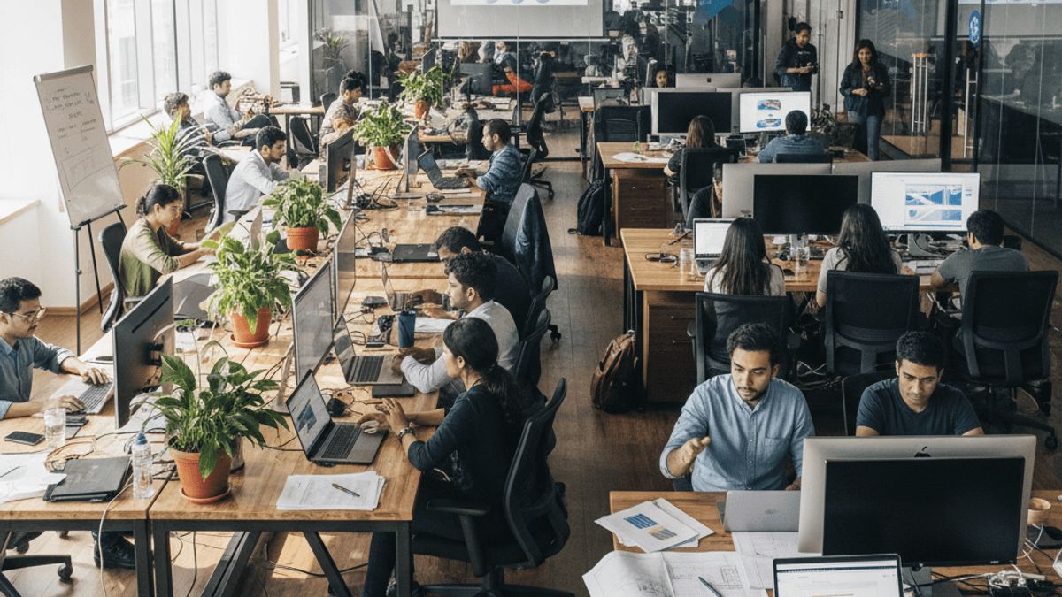 An open-plan office in India with many professionals working at individual desks and collaborating in a modern, sunlit environment.
