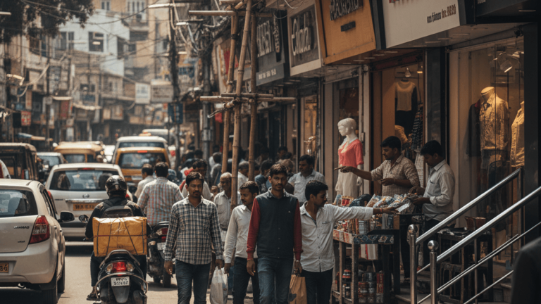 A busy high street in India with people walking, shopping, and street vendors. Stores line the street under a clear sky.