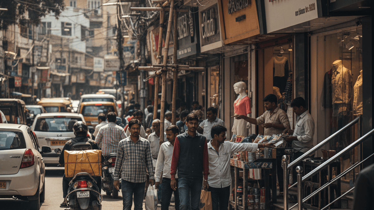 A busy high street in India with people walking, shopping, and street vendors. Stores line the street under a clear sky.
