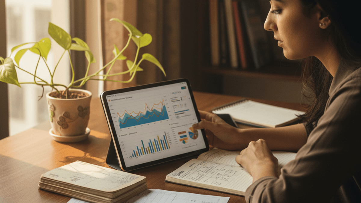 A woman at a desk with a tablet displaying financial graphs, Indian rupee notes, and a calculator, focusing on her finances.