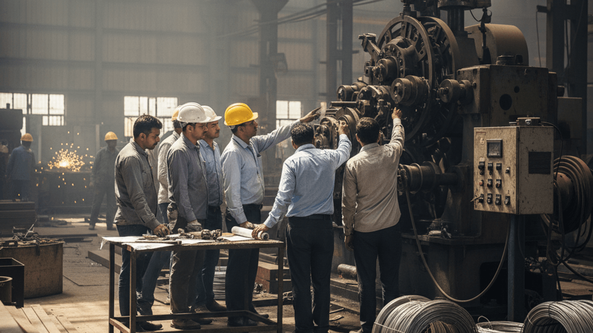 A group of engineers and workers in hard hats examine large industrial machinery in a dimly lit factory.