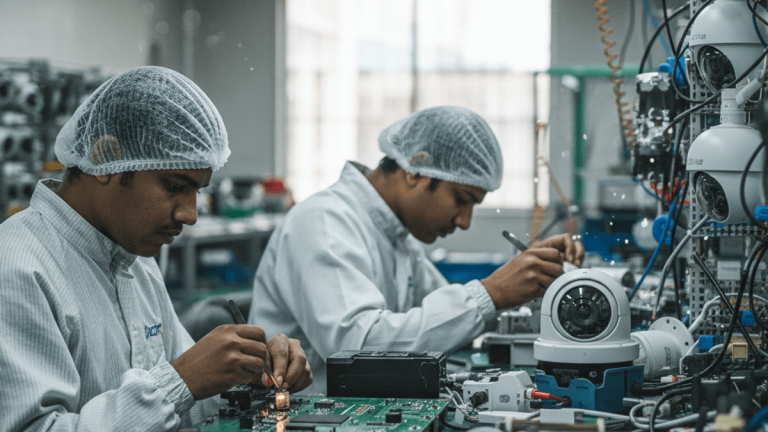 Two Indian technicians in cleanroom attire meticulously assemble circuit boards for CCTV cameras in a brightly lit factory.