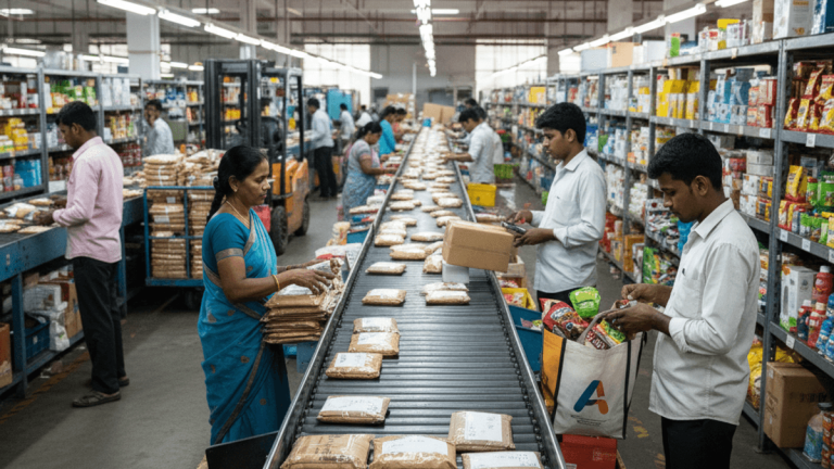 A wide shot of an Indian fulfillment center with numerous workers sorting packages on a long conveyor belt. Shelves filled with products line the walls.