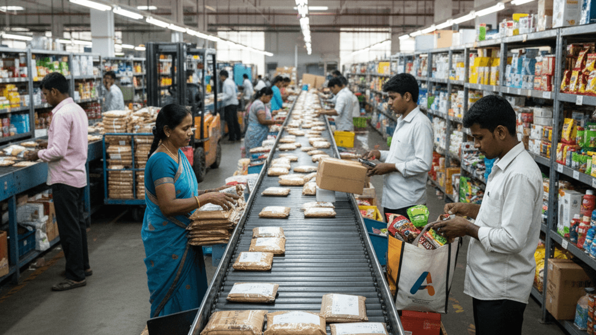A wide shot of an Indian fulfillment center with numerous workers sorting packages on a long conveyor belt. Shelves filled with products line the walls.