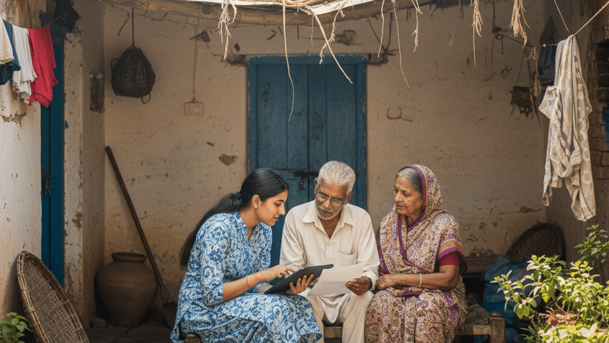 A young woman, an elder man, and an elder woman in traditional Indian attire discussing documents and a tablet in a rustic courtyard.