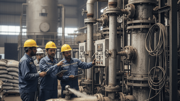 Four engineers and technicians in hard hats and overalls inspect large industrial pipes and control panels in a factory.