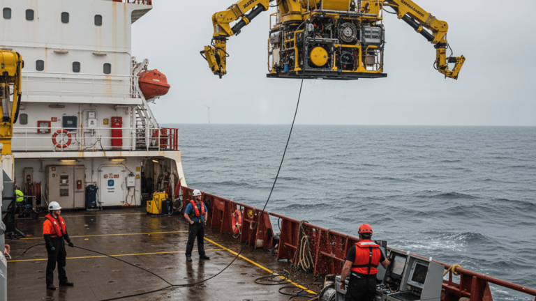 A yellow ROV is lowered by a crane from a ship into the ocean, with crew members in hard hats and life vests on deck.