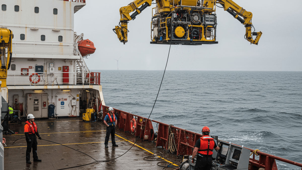 A yellow ROV is lowered by a crane from a ship into the ocean, with crew members in hard hats and life vests on deck.