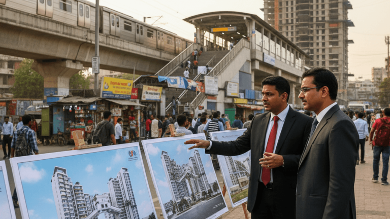 Two men in suits discuss building plans displayed on easels in an urban setting with a metro train overhead.