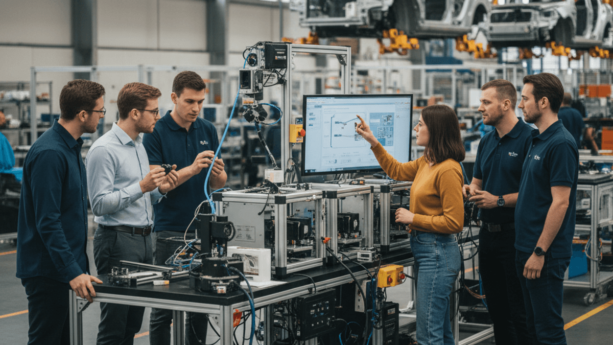 A group of engineers and startup innovators discussing new technology solutions on a test rig within a car factory.