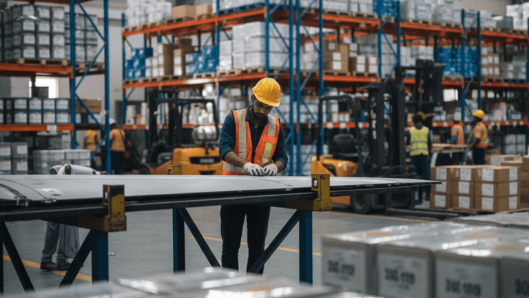 A worker in a hard hat and safety vest inspects a large panel on a workbench inside a busy warehouse.