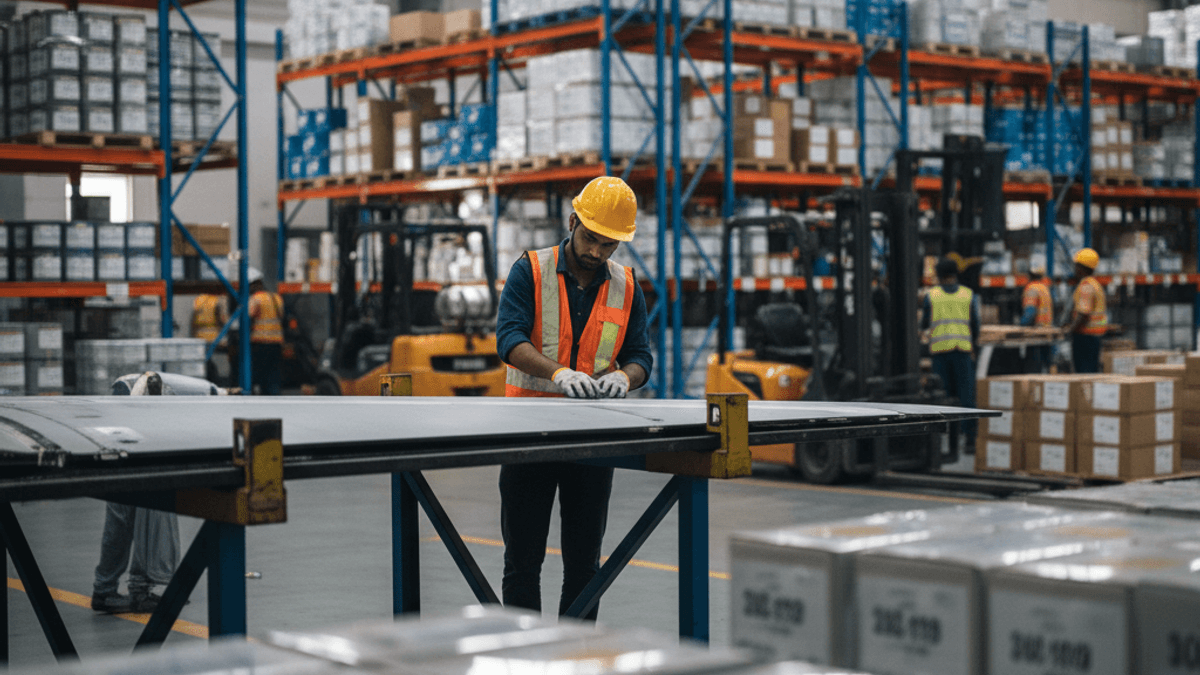 A worker in a hard hat and safety vest inspects a large panel on a workbench inside a busy warehouse.