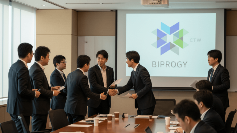 Business professionals in suits shake hands in a modern conference room, a projector screen behind them displaying "BIPROGY Inc."