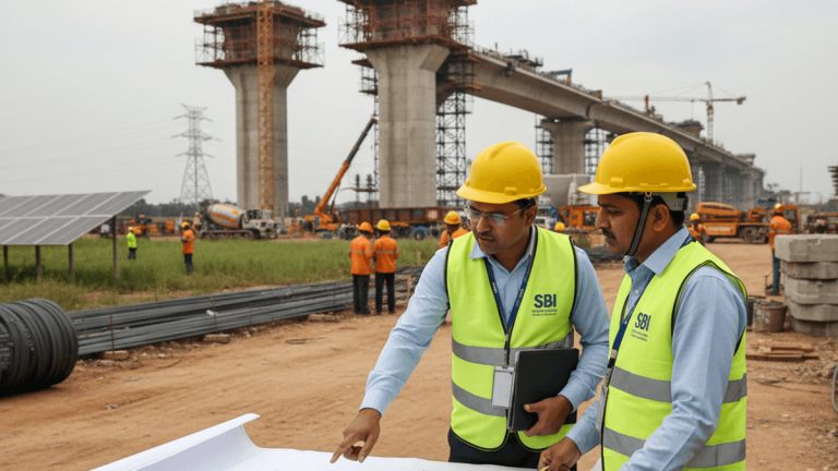 Two engineers in hard hats and reflective vests study blueprints and a tablet at a construction site with cranes and bridge supports.