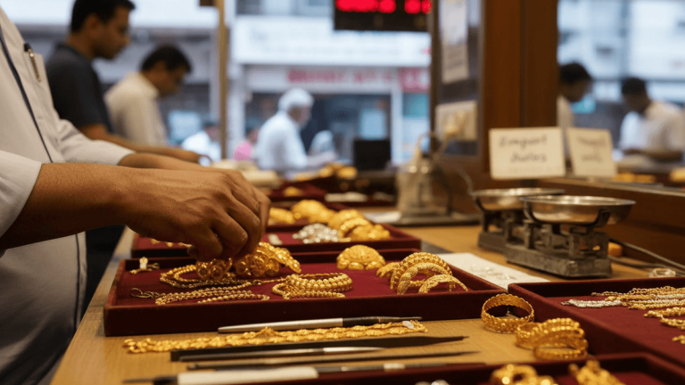 Close-up of a jeweler's hands meticulously arranging gold jewelry in a traditional Indian shop, with customers blurred in the background.