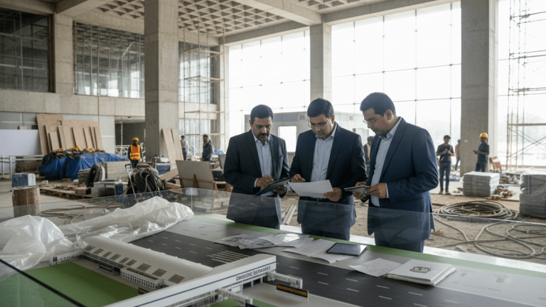 Three men in suits examine documents and a model of an airport terminal and runway at a construction site.