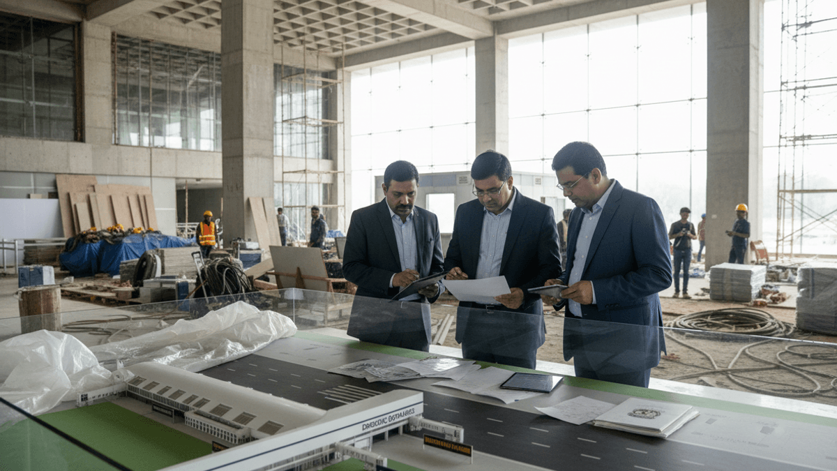 Three men in suits examine documents and a model of an airport terminal and runway at a construction site.