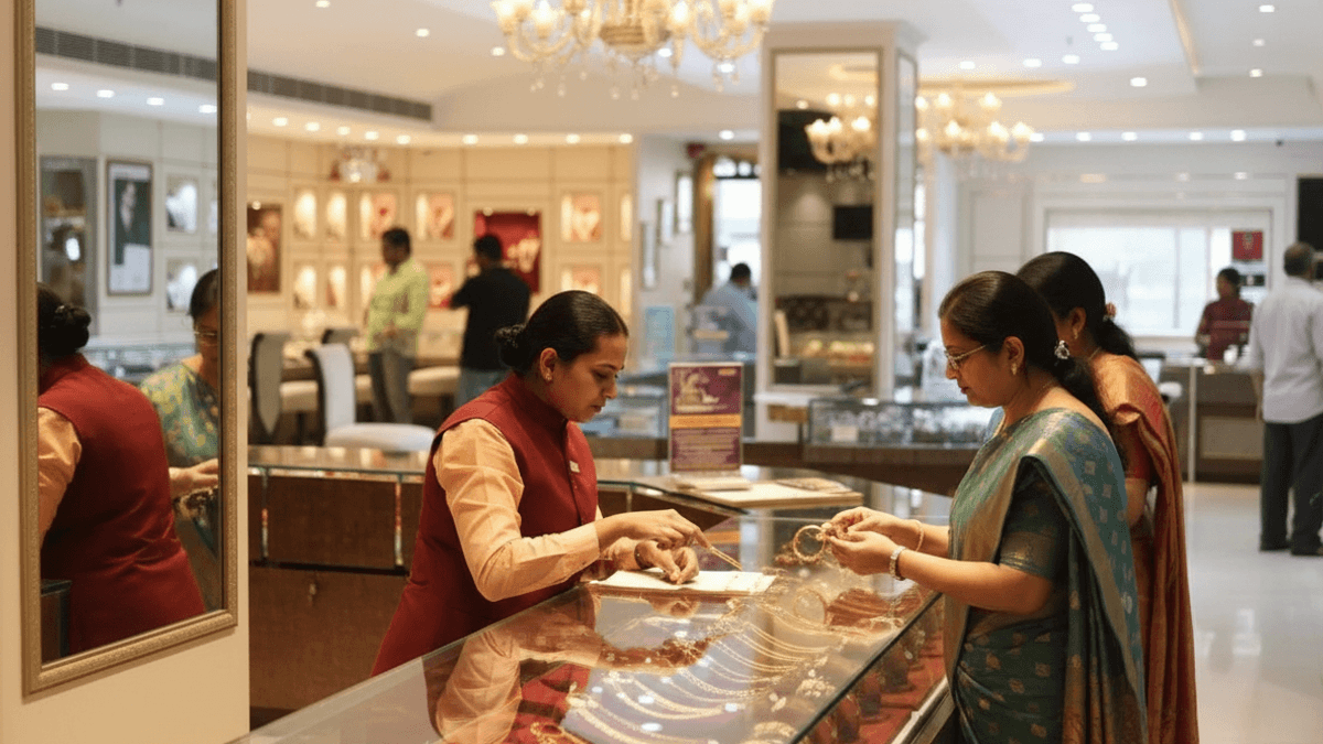 A saleswoman in a red waistcoat helps a woman in a green saree look at gold jewelry in a brightly lit store.