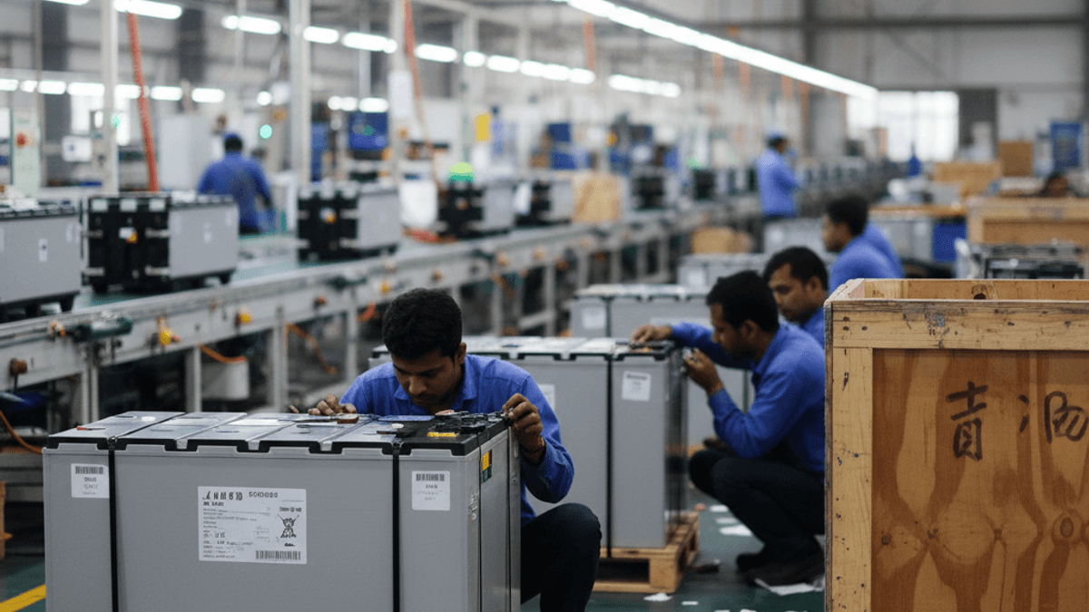 Workers in blue uniforms assemble large battery modules on pallets on a factory floor, with a production line in the background.