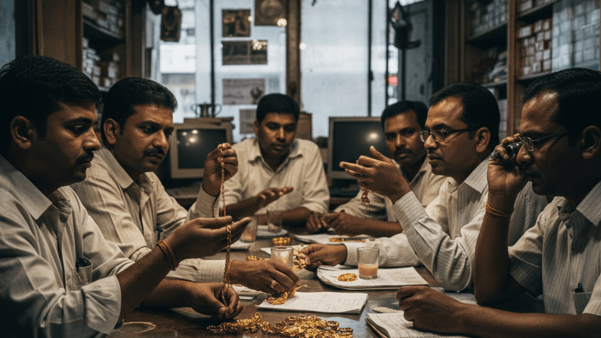A group of Indian gold traders in a small, cluttered shop, examining gold jewelry and paperwork under a single lightbulb.
