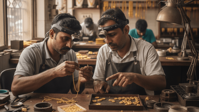 Two Indian jewelers in head magnifiers work on gold chains and small ornaments at a cluttered wooden bench in a busy workshop.