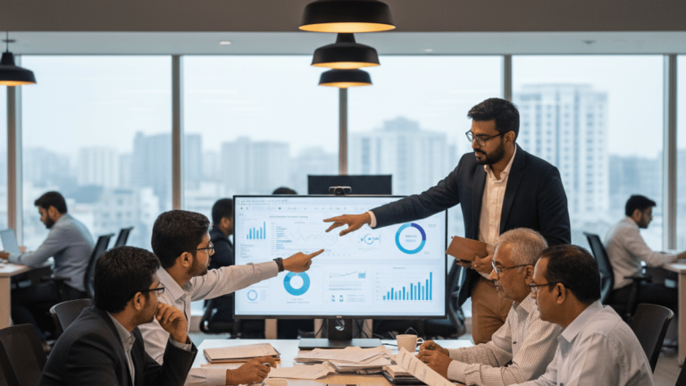 A group of diverse business professionals in a modern office analyzing financial data displayed on a large monitor.