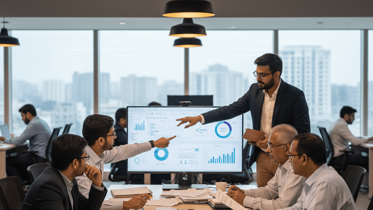 A group of diverse business professionals in a modern office analyzing financial data displayed on a large monitor.