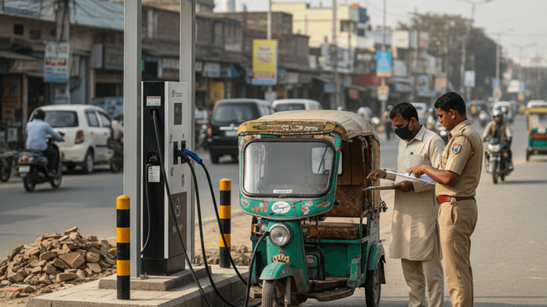 Two men, one in a uniform, discuss paperwork next to an e-rickshaw charging at a solar station on a busy street in Bihar.