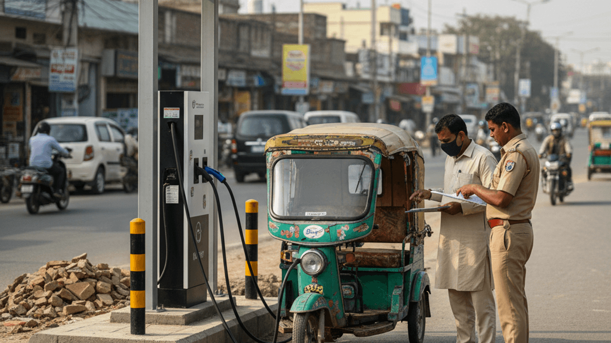 Two men, one in a uniform, discuss paperwork next to an e-rickshaw charging at a solar station on a busy street in Bihar.