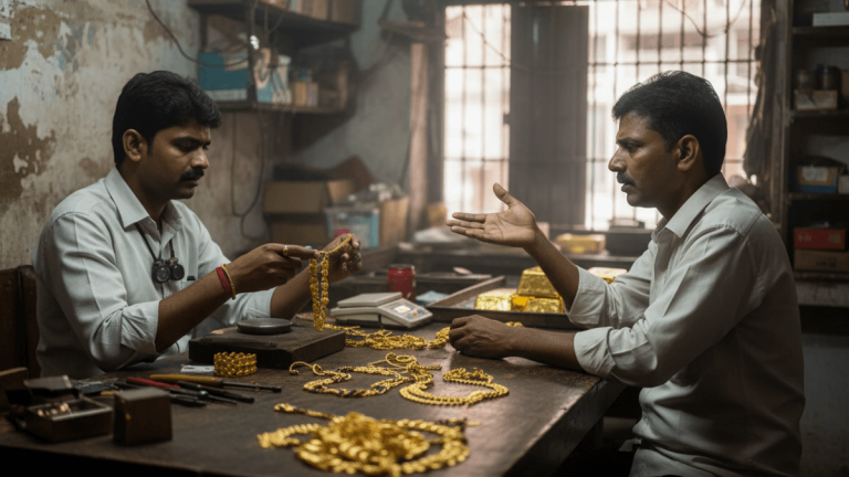 Two Indian jewelers examine gold chains and discuss in a cluttered workshop, with bars visible in the background.