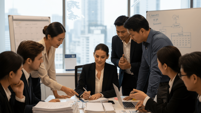 A diverse group of financial professionals gathered around a large table, reviewing stacks of documents and laptops.