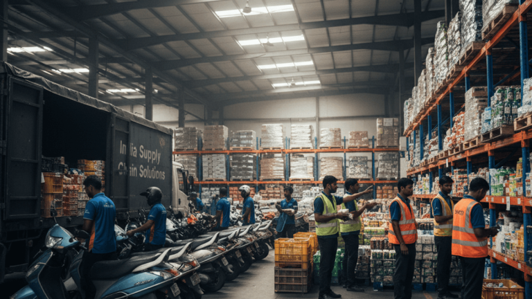 An authentic photograph of a large, busy warehouse in India, with workers in vests organizing shelves of products and delivery scooters parked nearby.