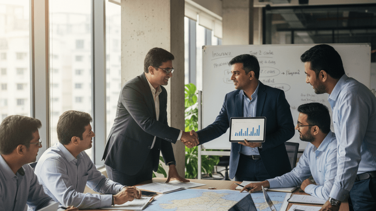 Two Indian businessmen in suits shake hands across a conference table with a map of India, surrounded by colleagues.