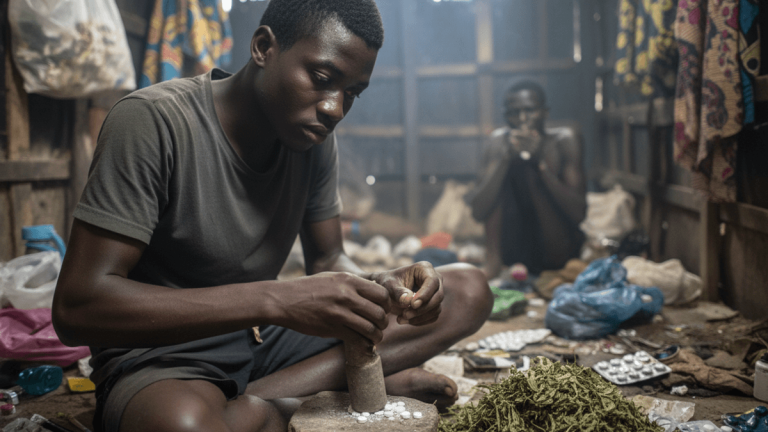 A young man in West Africa crushes pills with a mortar and pestle amidst dried herbs and empty blister packs.