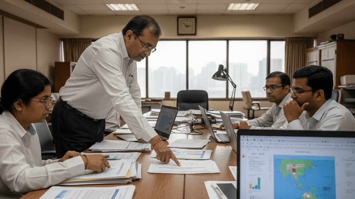 Four Indian bankers, two men and two women, in an office meeting room, reviewing documents and data on laptops.