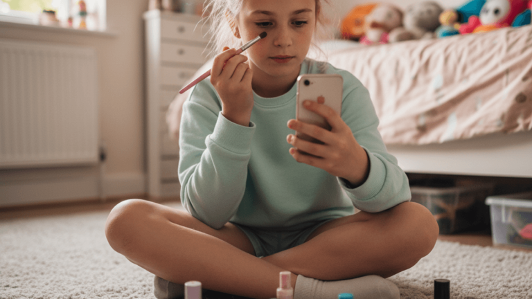A young girl sits cross-legged on a carpet, focused on applying eyeshadow while watching a beauty tutorial on her phone.