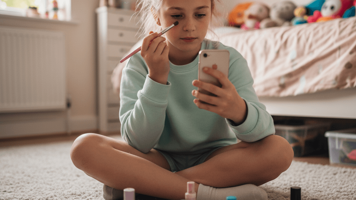 A young girl sits cross-legged on a carpet, focused on applying eyeshadow while watching a beauty tutorial on her phone.