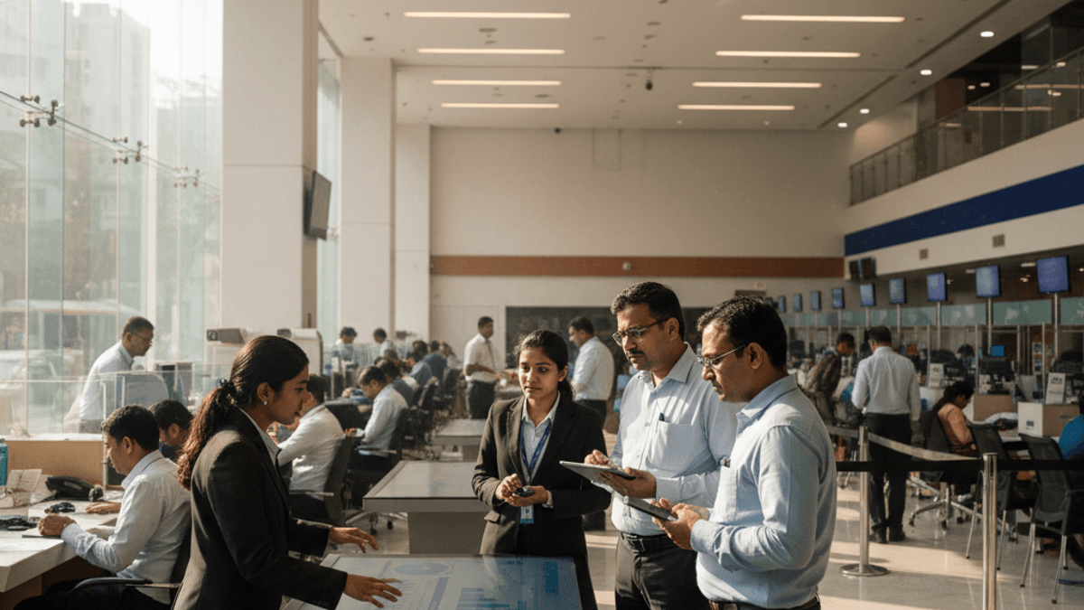 Three Indian bank employees in professional attire review data on a large interactive screen in a busy, sunlit office.