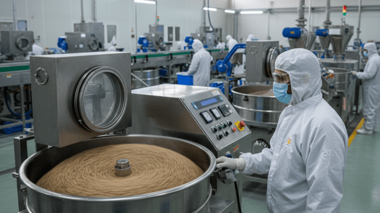 A pharmaceutical technician in a cleanroom suit observes machinery processing raw materials on a busy factory floor.